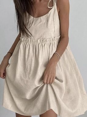Commense Beige Linen-Effect Scoop Neck Top